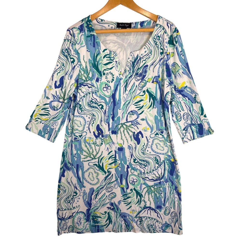 Charlie Paige Coastal‎ Jellyfish Print Swim Cover Up Dress Blue Green L/XL